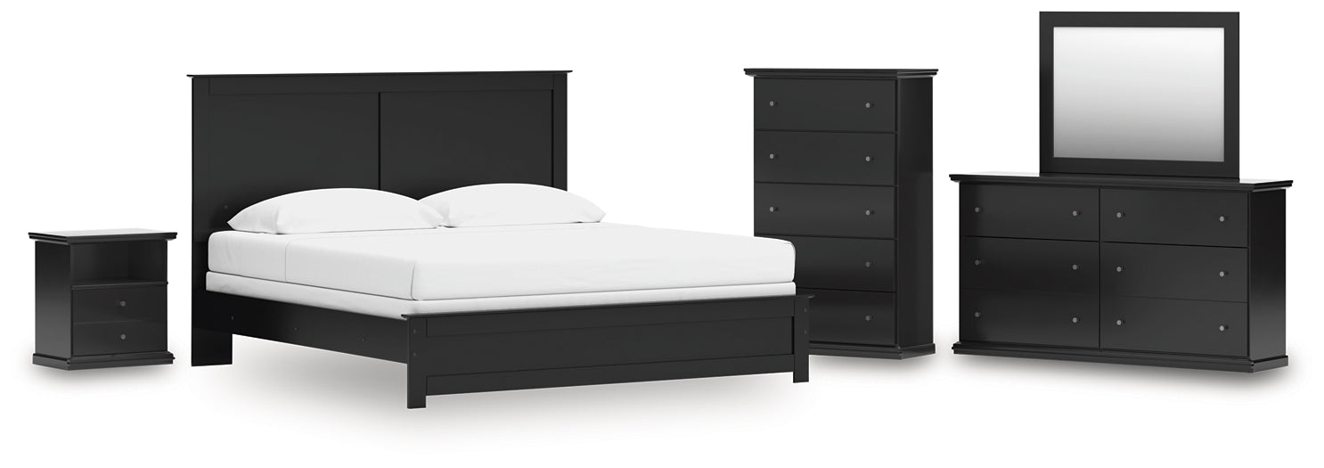 King Panel Bed with Mirrored Dresser, Chest and Nightstand