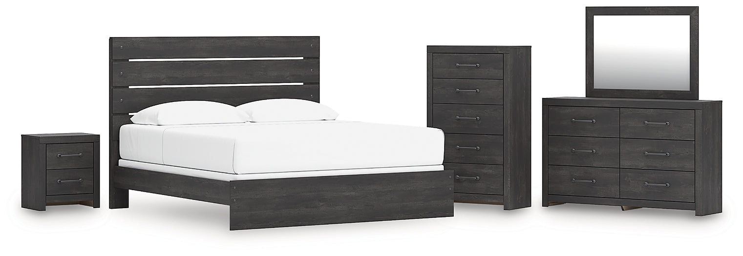 Hollivern King Panel Bed with Mirrored Dresser, Chest and Nightstand