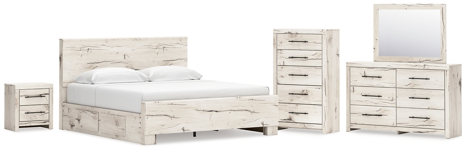 King Panel Bed with Mirrored Dresser, Chest and Nightstand