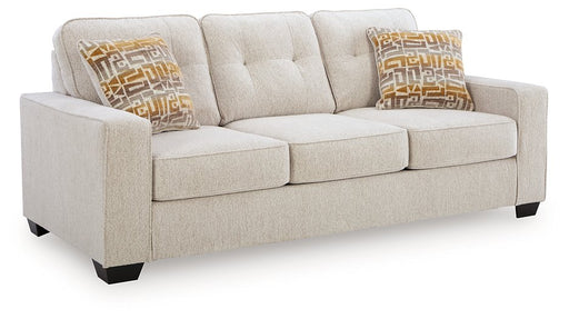 Ashley Furniture Larimer sofa with plush cushions and neutral fabric, shown from an angled side view.