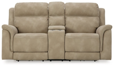 Ashley Furniture Next-Gen DuraPella power reclining loveseat with console, featuring plush cushions and built-in cup holders.