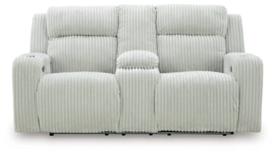 Ashley Furniture Forest Lake power reclining loveseat with console, showing plush fabric, built-in cup holders, and reclining features.