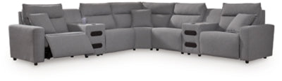 Ashley Furniture Modmax II power reclining sectional with built-in audio consoles, featuring plush cushions and modern design.