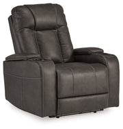 Ashley Furniture Feazada power recliner in closed position, showcasing plush upholstery and modern design from a side angle.