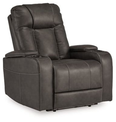Ashley Furniture Feazada power recliner in closed position, showcasing plush upholstery and modern design from a side angle.