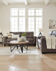 Ashley Furniture Barlin Mills living room set with upholstered sofa, loveseat, and matching coffee table
