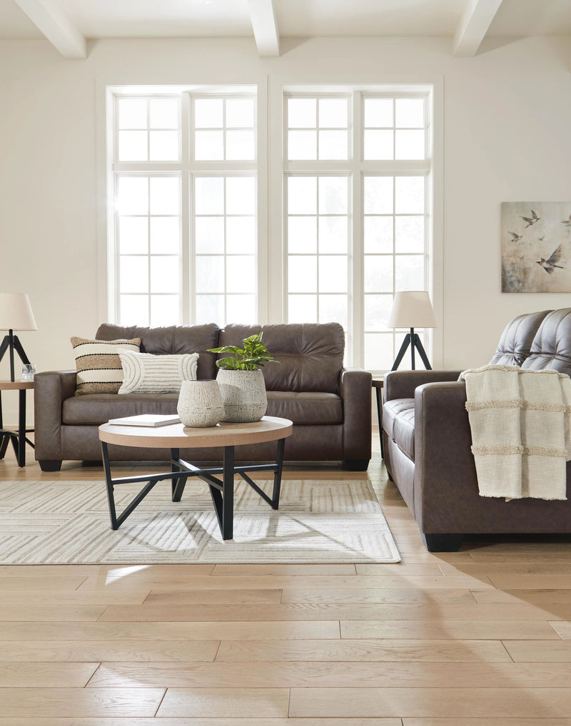 Ashley Furniture Barlin Mills living room set with upholstered sofa, loveseat, and matching coffee table