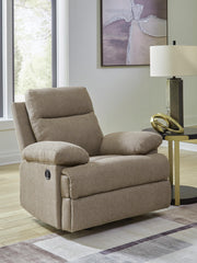 Ashley Furniture Side-Swipe Recliner showing plush fabric upholstery and padded armrests, designed for comfortable seating.