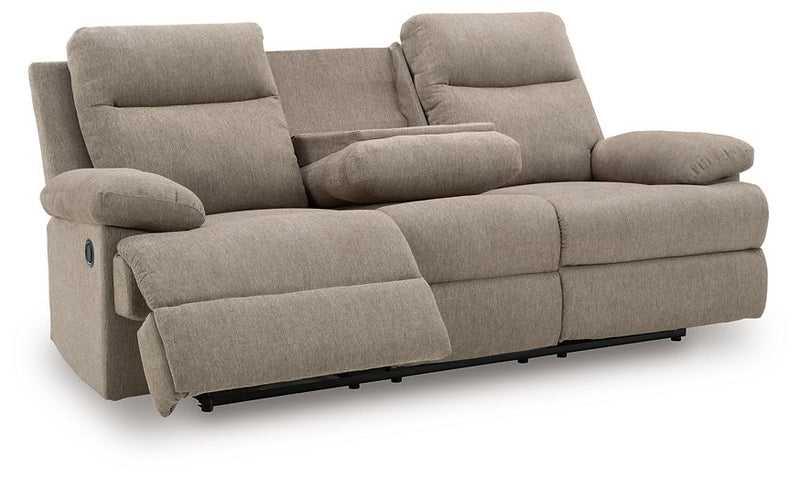 Side-Swipe Reclining Sofa with Drop Down Table