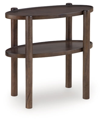 Ashley Furniture Wiattbury accent end table with a wooden finish and simple design, shown from an angled side view.