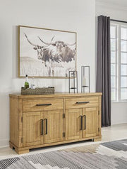 Ashley Furniture Havonplane dining server with storage drawers and a sleek wood finish, ideal for modern dining rooms.