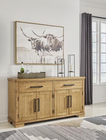 Ashley Furniture Havonplane dining server with storage drawers and a sleek wood finish, ideal for modern dining rooms.