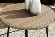Outdoor dining table from Ashley Furniture with a wooden surface and metal legs, suitable for outdoor patios and gatherings.