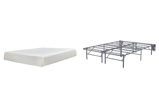 Ashley Furniture 10 Inch Chime Memory Foam Mattress Set, showing the plush white mattress with a quilted top and supportive side panels.