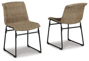 Pair of Ashley Furniture Amaris outdoor dining chairs with metal frames and woven seats, suitable for patio or garden dining areas.