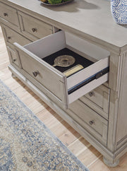 Ashley Furniture Lettner Dresser with multiple drawers, crafted in dark wood, featuring sleek metal handles and modern design elements.