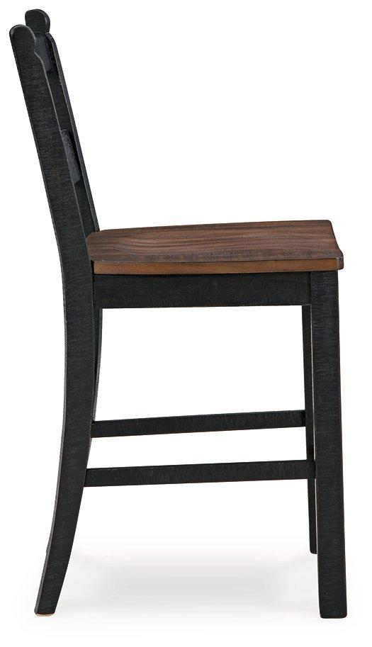 Ashley Furniture Valebeck counter height barstool with wooden legs and cushioned seat, ideal for kitchen or bar area.