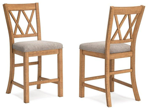 Ashley Furniture Havonplane counter height barstool with wooden legs and upholstered seat, shown from a side angle.