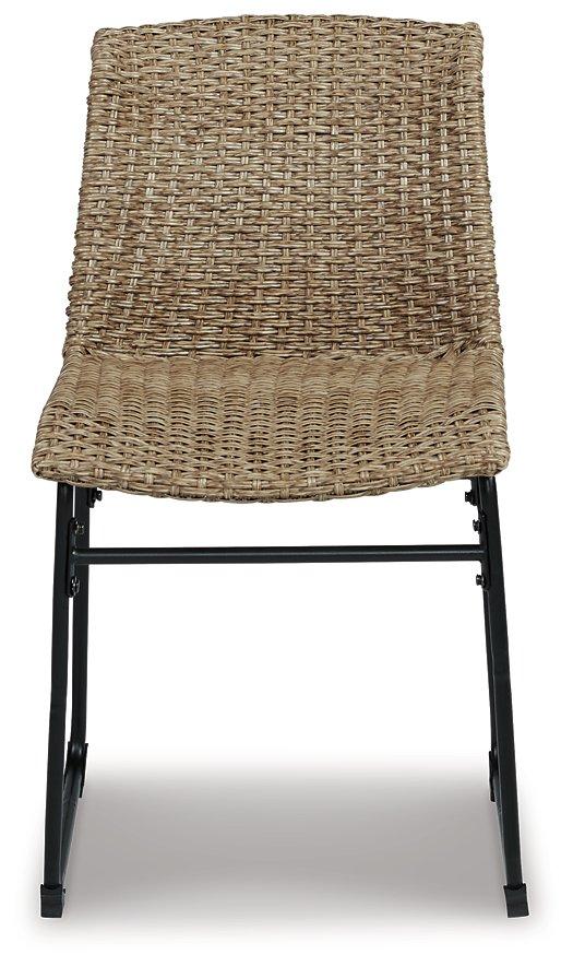 Set of two Ashley Furniture Amaris outdoor dining chairs with metal frames and woven seats, ideal for patio dining.