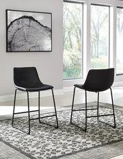 Ashley Furniture Centiar counter height bar stool with wooden seat and metal frame, shown in a modern kitchen setting.