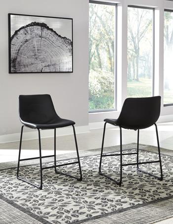 Ashley Furniture Centiar counter height bar stool with wooden seat and metal frame, shown in a modern kitchen setting.