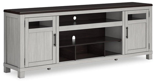 Ashley Furniture Darborn 88-inch TV stand with open shelving and storage compartments, made of dark wood with modern design.