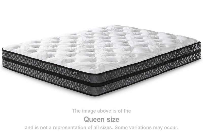 10 inch Ashley Furniture hybrid mattress with pocketed coils and foam layers, showcasing the plush fabric cover and supportive structure.