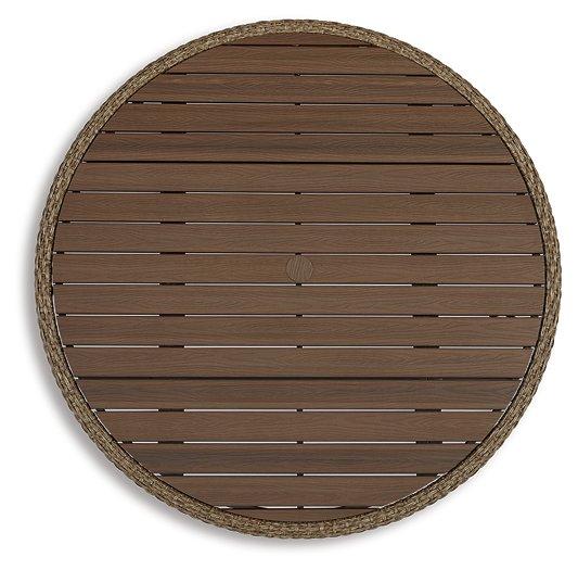 Outdoor dining table by Ashley Furniture featuring a sturdy wooden design, perfect for outdoor patio gatherings.