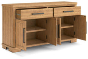 Ashley Furniture Havonplane dining server with multiple storage compartments and a polished wood finish, ideal for elegant dining rooms.