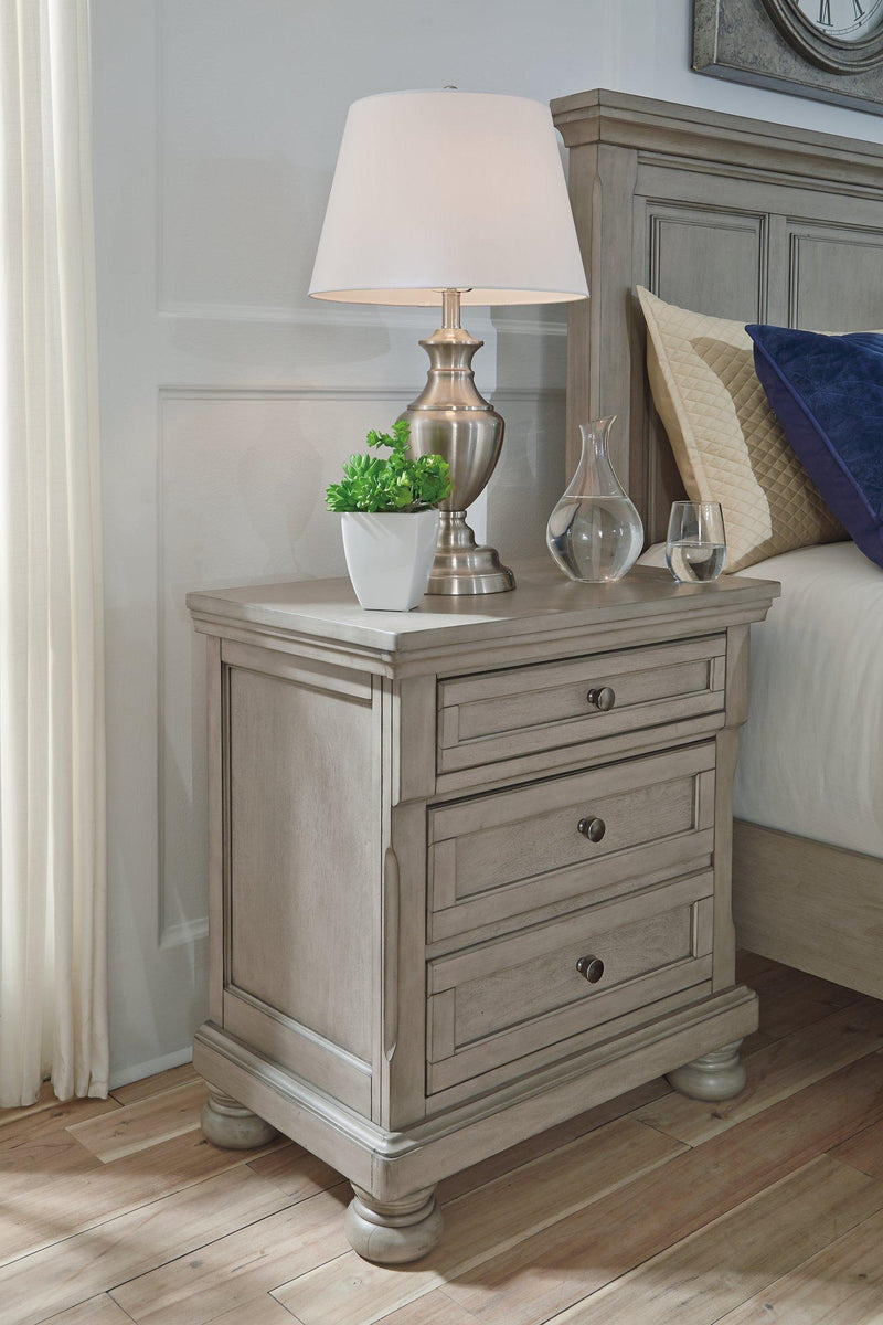 Ashley Furniture Lettner Nightstand with drawer and open shelf, dark wood finish, modern bedroom storage.