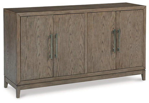 Ashley Furniture Chrestner dining server with open shelving and storage drawers, made of wood with a polished finish.