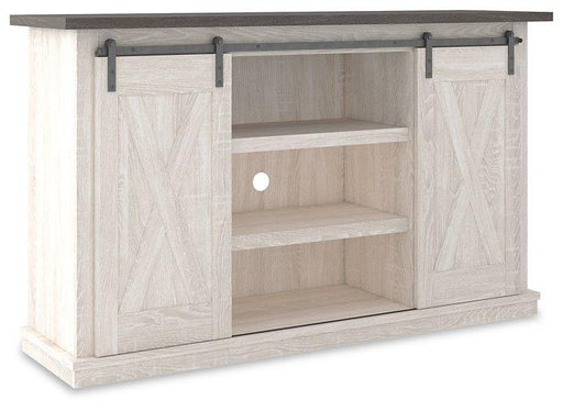 Ashley Furniture Dorrinson 54-inch TV stand with open shelves and storage cabinets in a modern wood finish.