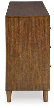 Ashley Furniture Lyncott dresser and mirror set with a sleek wooden dresser and matching mirror, showcasing modern bedroom furniture.