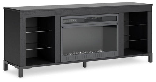 Cayberry 60-inch TV stand with built-in electric fireplace from Ashley Furniture, featuring storage cabinets and modern design.