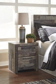 Ashley Furniture Derekson nightstand with a dark wood finish, featuring a single drawer and open shelf for bedroom storage.