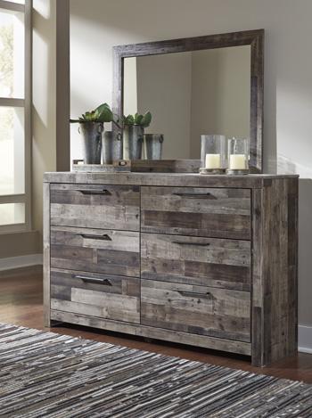 Ashley Furniture Derekson dresser with matching mirror, wooden storage unit with multiple drawers and a sleek, modern design.
