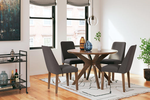 Ashley Furniture Lyncott dining room set with a wooden table and six matching chairs in a modern design.
