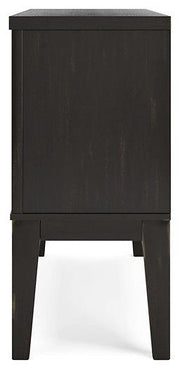 Ashley Furniture Galliden dining server with wood finish, drawers, and cabinet doors for stylish kitchen storage.