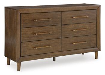 Ashley Furniture Lyncott dresser and mirror set with a sleek wood finish and modern design, featuring multiple drawers and a matching mirror.