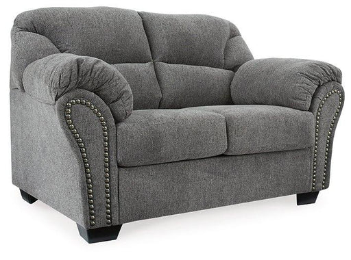 Ashley Furniture Allmaxx loveseat with plush cushions and modern design, featuring soft fabric upholstery and stylish armrests.