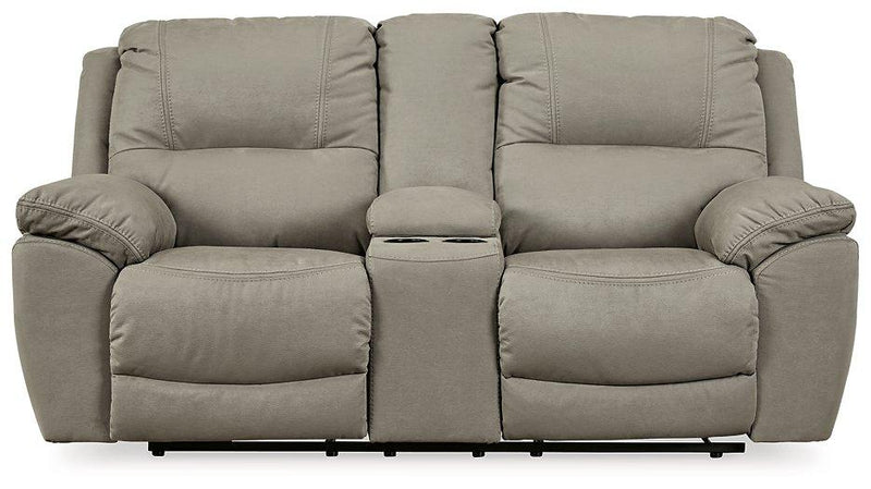 Ashley Furniture Next-Gen Gaucho Reclining Loveseat with Console showing plush fabric, padded armrests, and built-in console for comfort.