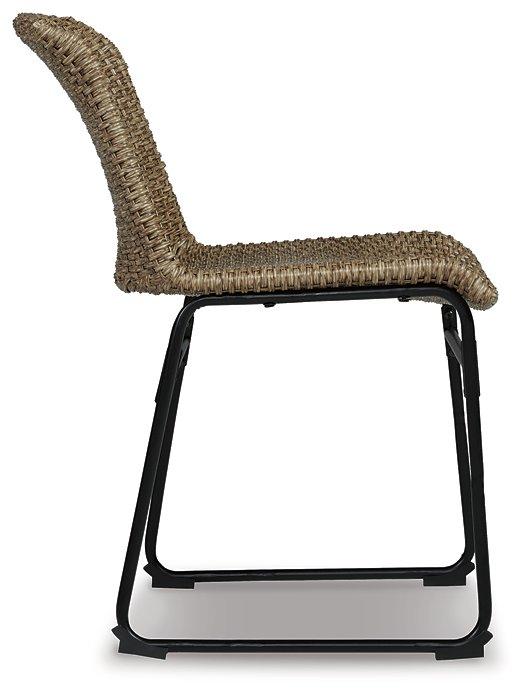 Set of two Ashley Furniture Amaris outdoor dining chairs with metal frames and woven seats, ideal for patio dining.