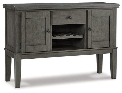 Ashley Hallanden Dining Server, a stylish wooden server with multiple drawers and open shelves for dining room storage.