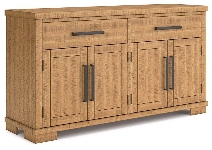 Ashley Furniture Havonplane dining server with storage drawers and glass top, crafted for elegant dining room organization.