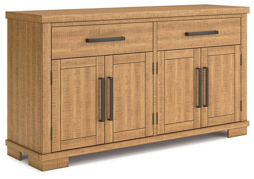 Ashley Furniture Havonplane dining server with storage drawers and glass top, crafted for elegant dining room organization.