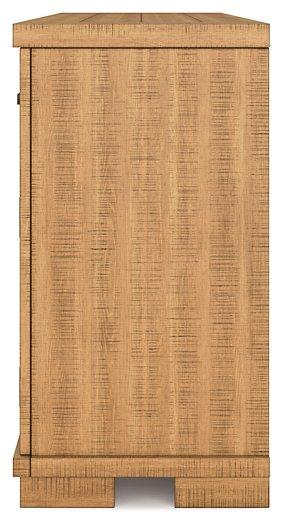 Ashley Furniture Havonplane dining server with wood finish, featuring multiple storage compartments and a sleek, modern design.