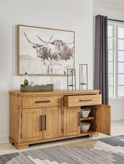Ashley Furniture Havonplane Dining Server with multiple drawers and shelves, crafted in a sleek wood finish for elegant dining room storage.