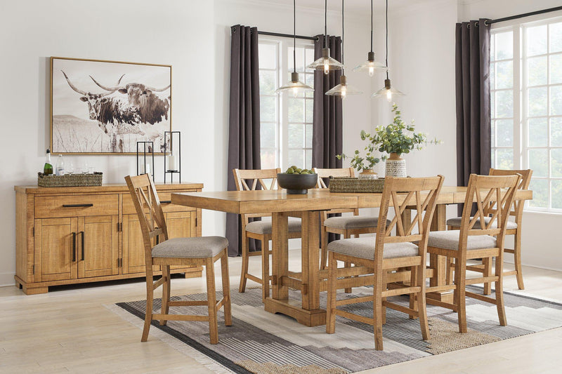 Ashley Furniture Havonplane dining server with multiple drawers and cabinets, crafted in warm wood finish for elegant dining room storage.