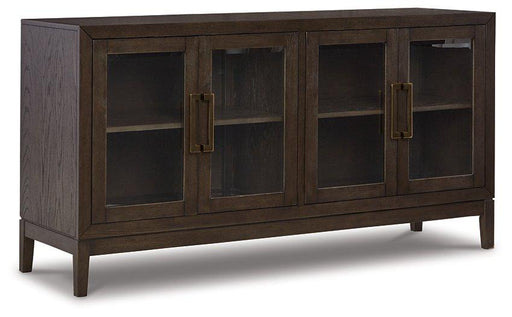 Ashley Furniture Burkhaus Dining Server with wood finish, featuring storage cabinets and drawers for dining room organization.