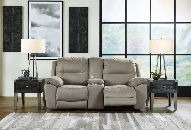 Ashley Furniture Next-Gen Gaucho Reclining Loveseat with Console showing plush cushions, reclining seats, and built-in storage console.